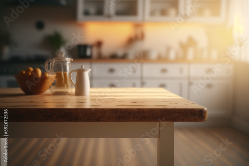 Wooden table with blurry kitchen backdrop. Generative AI