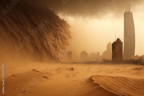 Fotografiet Dust storm in the sand dunes, doomsday with a sandstorm and the destruction of mankind