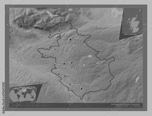 North Lanarkshire, Scotland - Great Britain. Grayscale. Labelled points of cities photo