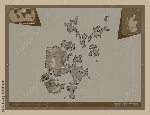 Orkney Islands, Scotland - Great Britain. Sepia. Labelled points of cities photo