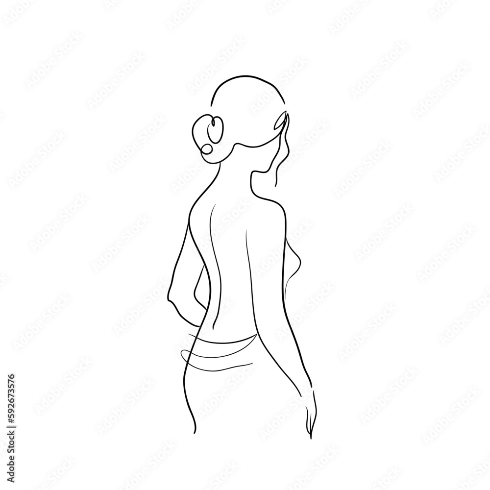 Fototapeta premium Linear portrait of a woman from the back in a bath towel. Stock vector illustration isolated on white background.