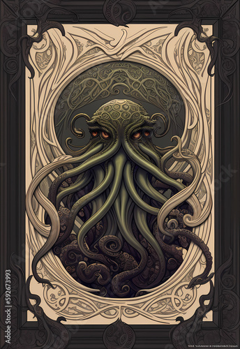 An intricate art nouveau edges frame with a Cthulhu monster with tentacles, game card, poster design. Cosmic Horror universe by H. P. Lovecraft. Concept art drawing generative ai generative ki