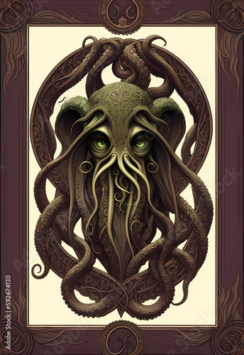 An intricate art nouveau edges frame with a Cthulhu monster with tentacles, game card, poster design. Cosmic Horror universe by H. P. Lovecraft. Concept art drawing generative ai generative ki