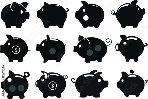 Piggy bank silhouettes vector illustrations set. Black and white piggy bank. Piggy bank icons set.