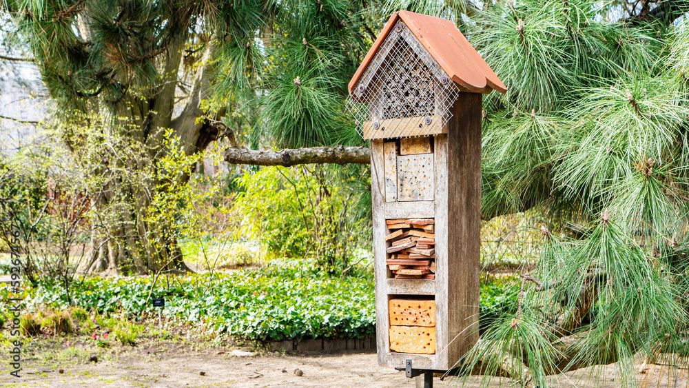 Insect house close up photo with copy space. Insect hotel with many houses for various animals that protect the home garden from pests. Caring for the environment and increasing biodiversity concept. Insect house close up photo with copy space. Insect hotel with many houses for various animals that protect the home garden from pests. Caring for the environment and increasing biodiversity concept.