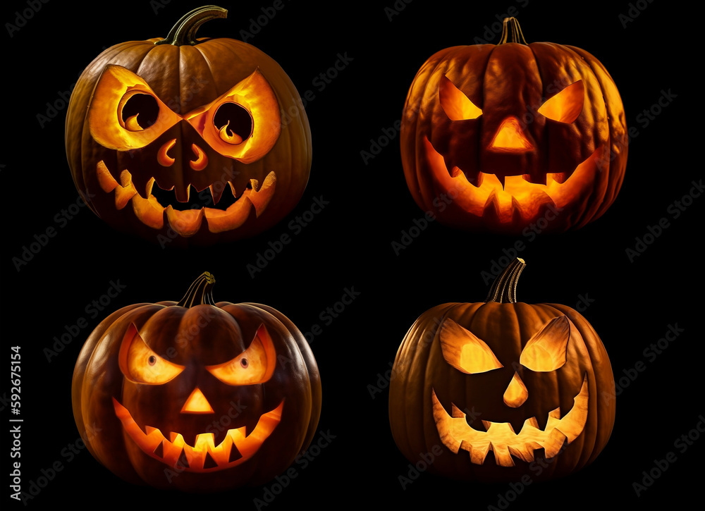 spooky Halloween pumpkins Jack O Lantern, with an evil face and eyes isolated on black generated by AI spooky Halloween pumpkins Jack O Lantern, with an evil face and eyes isolated on black generated by AI