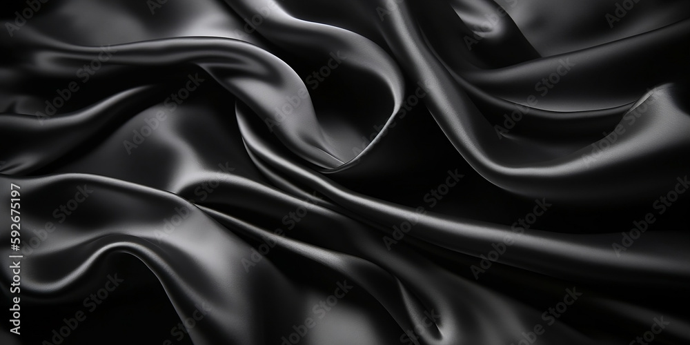 Fototapeta premium Black silk satin fabric wave or silk wavy folds generated by AI. 
