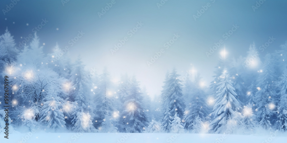 Beautiful winter natural background of snow and blurred forest, Gently falling snow flakes and Christmas lights against blue morning sky generated by AI.