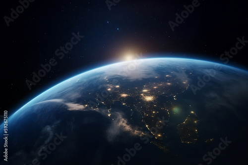 Nightly Earth planet in outer space. City lights on planet generated by AI © Rattanapon