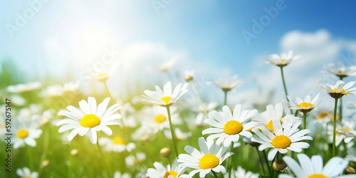  Beautiful blurred spring floral nature with blooming glade of daisies on sunny day generated by AI. © Rattanapon