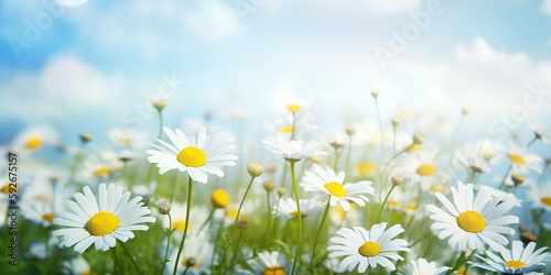 Beautiful blurred spring floral nature with blooming glade of daisies on sunny day generated by AI. © Rattanapon
