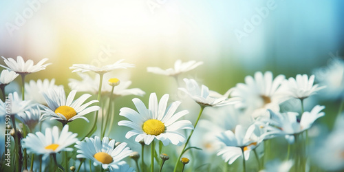 Beautiful blurred spring floral nature with blooming glade of daisies on sunny day generated by AI. © Rattanapon
