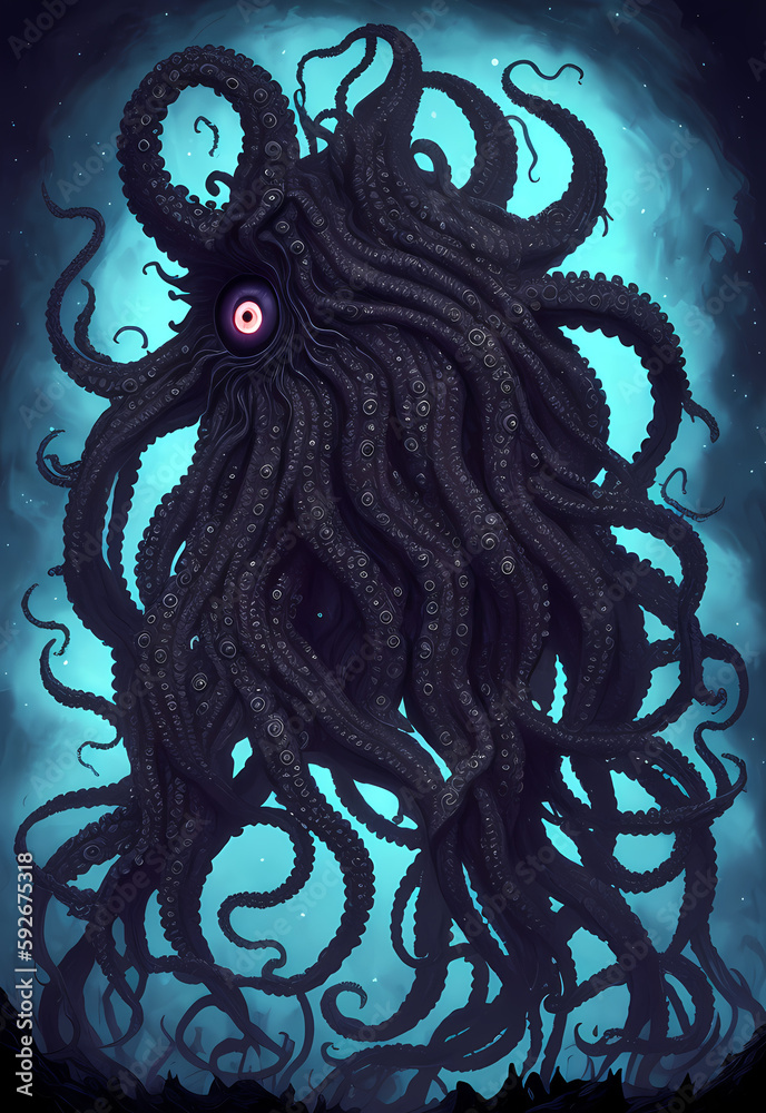 A Cthulhu-like monster with tentacles rising from the sea. At night in the storm. From the Cosmic Horror universe by H. P. Lovecraft. Concept art, drawing, generative ai generative ki, - obrazy, fototapety, plakaty 