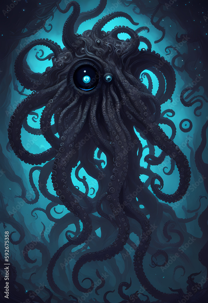 A Cthulhu-like monster with tentacles rising from the sea. At night in the storm. From the Cosmic Horror universe by H. P. Lovecraft. Concept art, drawing, generative ai generative ki, - obrazy, fototapety, plakaty 
