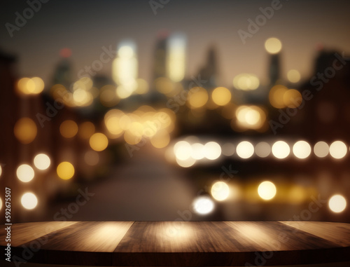 Wooden empty top table with blur night city view. Tabletop with light effect bokeh of cityscape on background. Generative AI