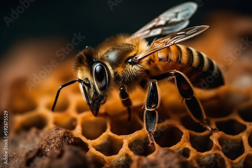 Macro Bee on a honeycomb in a hive. Detailed macro image of a bee collecting honey in a beehive generated by AI.