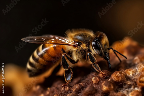 Macro Bee on a honeycomb in a hive. Detailed macro image of a bee collecting honey in a beehive generated by AI. © Rattanapon