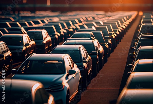 Rows of a new cars parked in a distribution center on a car factory on a sunny day. Parking in the open air. Generative AI