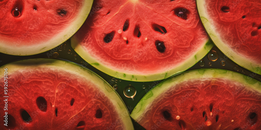 Watermelon on a counter in the supermarket. Banner created with ai generative tools Watermelon on a counter in the supermarket. Banner created with ai generative tools