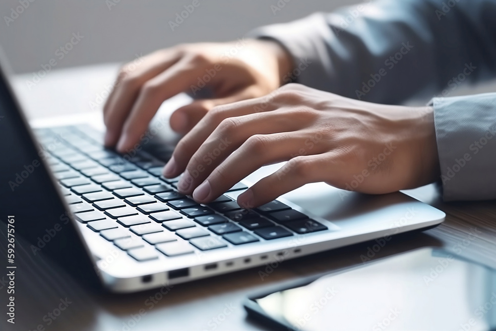 Man hands typing on computer keyboard, businessman or student using laptop generated by AI. Man hands typing on computer keyboard, businessman or student using laptop generated by AI.