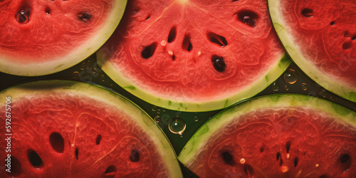 Watermelon on a counter in the supermarket. Banner created with ai generative tools