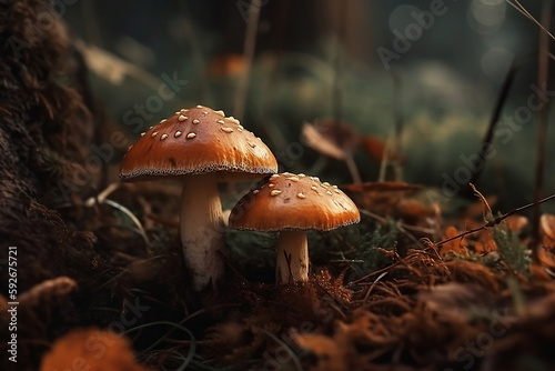 Little cute mushrooms in the autumn forest generated by AI.