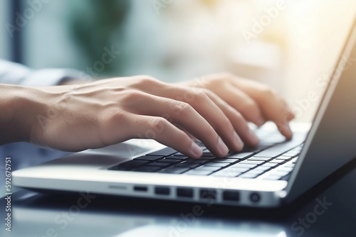 Man hands typing on computer keyboard, businessman or student using laptop generated by AI.