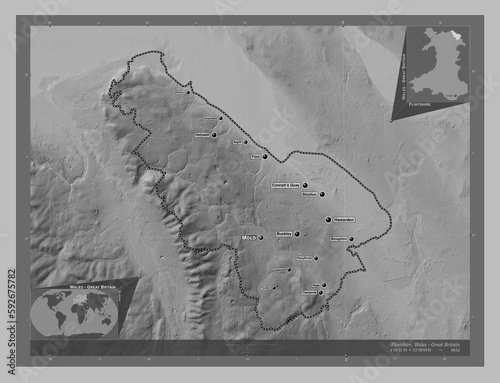Flintshire, Wales - Great Britain. Grayscale. Labelled points of cities photo