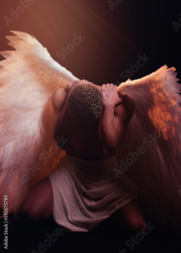 Young strong angel with white wings from heaven. Angel with muscular body. Sensual man