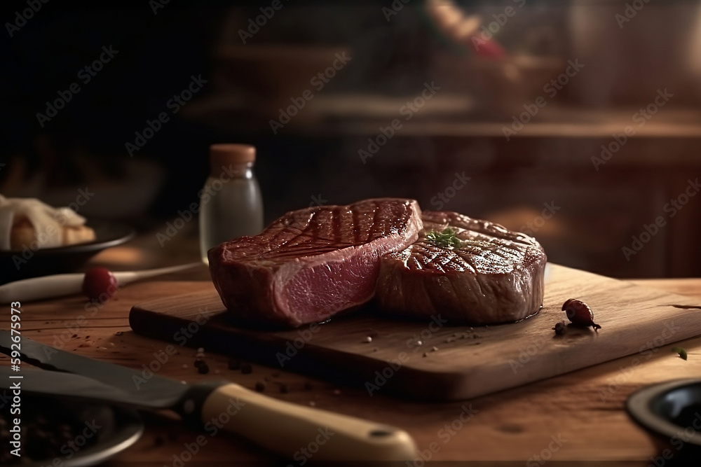 Beef Rib Eye steak slices with fork and knife herbs spices and salt generated by AI.