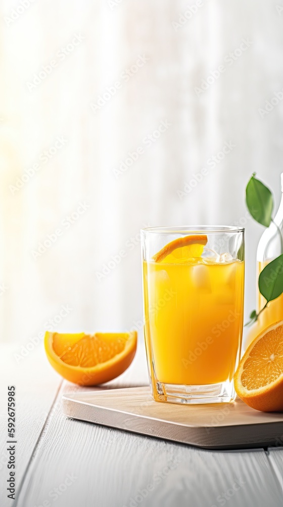 Fototapeta premium Glass of Homemade Orange juice with sliced fruits. Generative AI