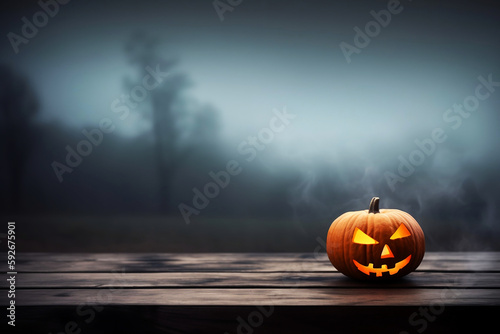 spooky Halloween pumpkins Jack O Lantern, with an evil face and eyes on a wooden bench, misty gray coastal night generated by AI.
