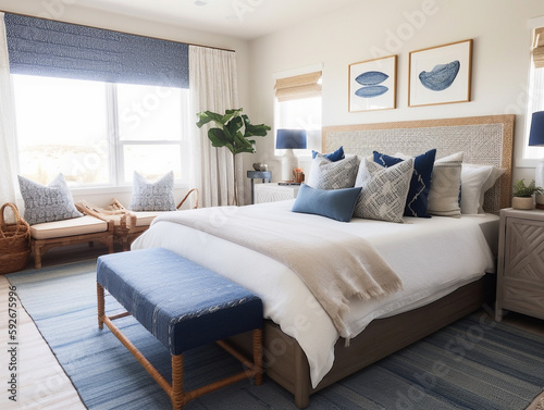 A Beach House Bedroom with Blue and White Design Elements | Generative AI
