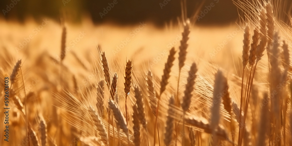 Spikes of ripe wheat in sun, Ears of golden wheat in beautiful cereals field in nature generated by AI