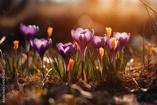 Spring crocus blossoms, Spring wildflowers in the sunlight generated by AI