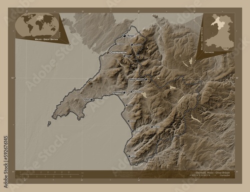 Gwynedd, Wales - Great Britain. Sepia. Labelled points of cities photo