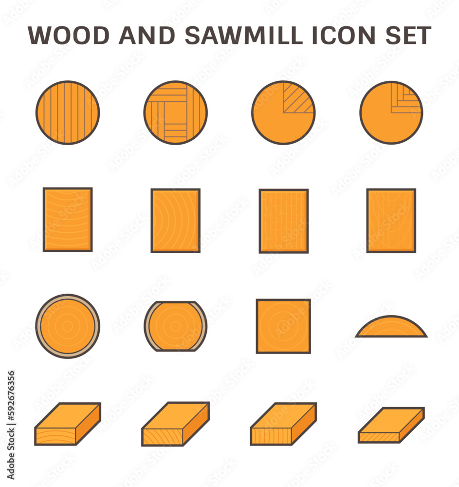 Wood and sawmill vector icon i.e. plank, board, lumber and girder. Include log, timber and square sawing, cutting process in mill, sawmill industy. Material from nature for woodworking, construction.