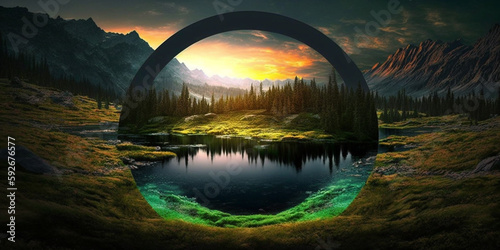 3D Landscapes with Water Mountain Trees Sky  and A neon circle © Isuru Pic