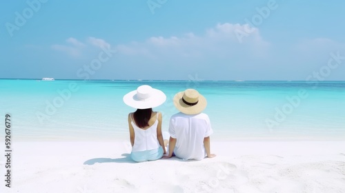 Couple relaxing sitting on the beach. Generative AI