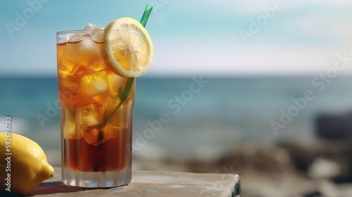 Homemade Iced tea with lemon slices  summer drinks. Generative AI