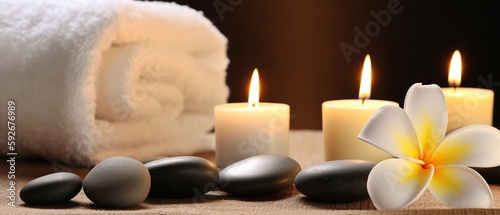 spa composition on massage with Soft White Towels, Essential Oils, flower, Candles, and Relaxation. Generative AI 