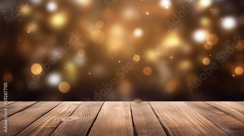 Empty wooden table with bokeh background  Generative AI  