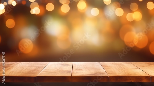 Empty wooden table with bokeh background, Generative AI 