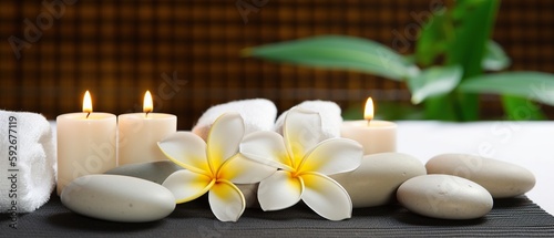 spa composition on massage with Soft White Towels, Essential Oils, flower, Candles, and Relaxation. Generative AI 