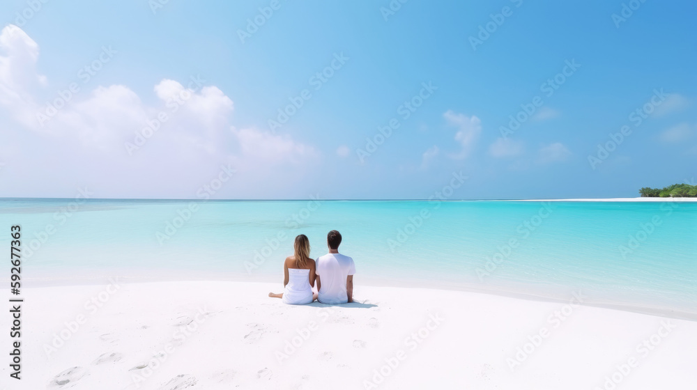 Couple relaxing sitting on the beach. Generative AI