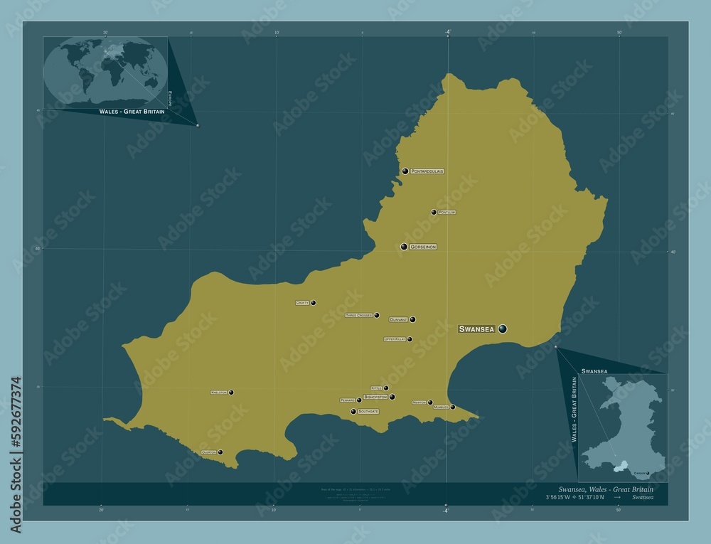 Obraz premium Swansea, Wales - Great Britain. Solid. Labelled points of cities
