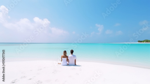 Couple relaxing sitting on the beach. Generative AI © piai