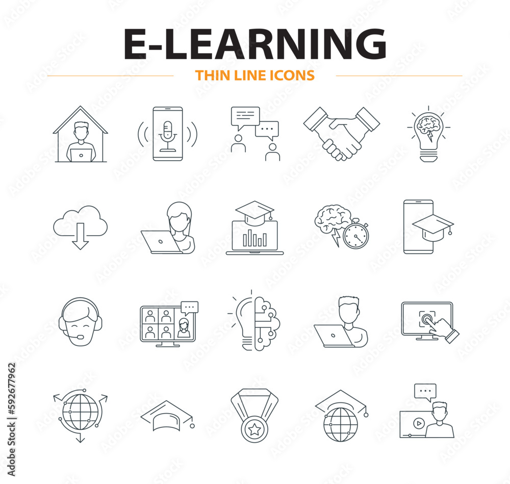 E-learning editable stroke outline vector icons set , online education, distance learning, streaming video, digital courses, educational website, digital education, and business training. E-learning editable stroke outline vector icons set , online education, distance learning, streaming video, digital courses, educational website, digital education, and business training.