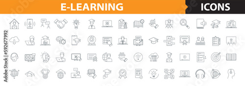 E-learning editable stroke outline vector icons set , online education, distance learning, streaming video, digital courses, educational website, digital education, and business training.