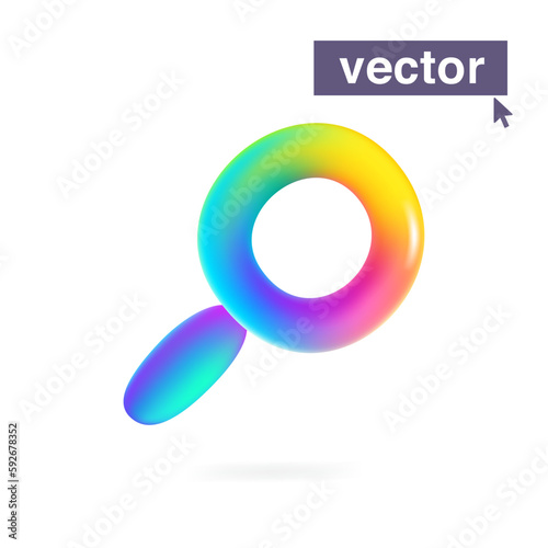 Rainbow-colored Lupe logo. Magnifying glass icon. Multicolor plastic cartoon style. Vector 3D render style glossy colorful emblem.